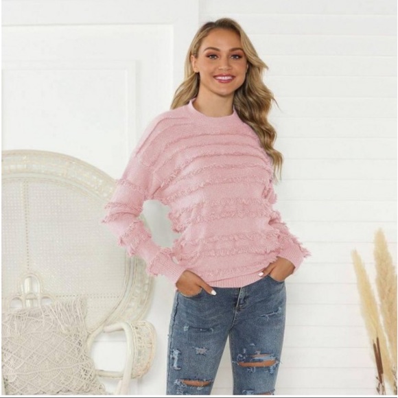 Knitted belle crew neck fringe sweater pink size small - Picture 8 of 8